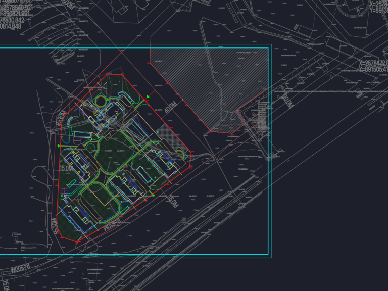 CAD site plan of a school campus showing building footprints, a running track, landscape areas, and survey coordinates.