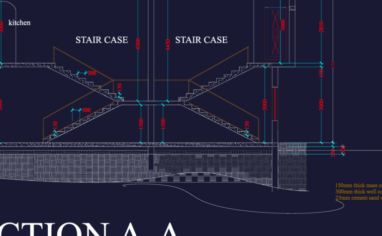 Architectural section of a staircase in a 2-story house with dimensions and foundation material callouts.