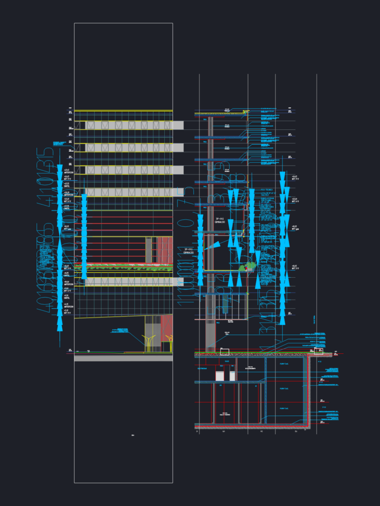 Architectural CAD drawing featuring building sections and elevations of the Dot Baires shopping mall.
