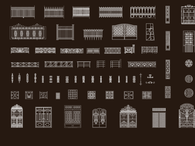 CAD elevation drawings of wrought iron gates, railings, fence panels, and decorative balusters.