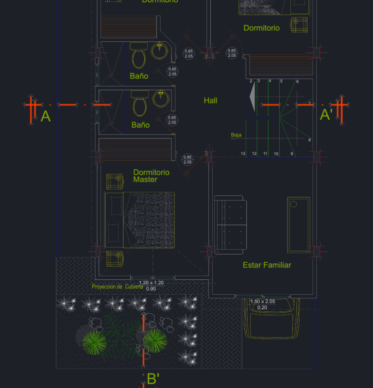 CAD floor plan of a two story house showing master bedroom, bathrooms, and family room with architectural section markers.