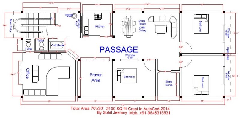Residential House Plan with Office 3 Bedrooms, Living Area, 1 Kitchene.