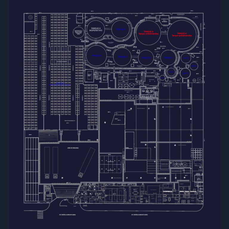 CAD layout plan of an industrial facility showing circular storage tanks, truck bays, warehouse racks, and office areas.