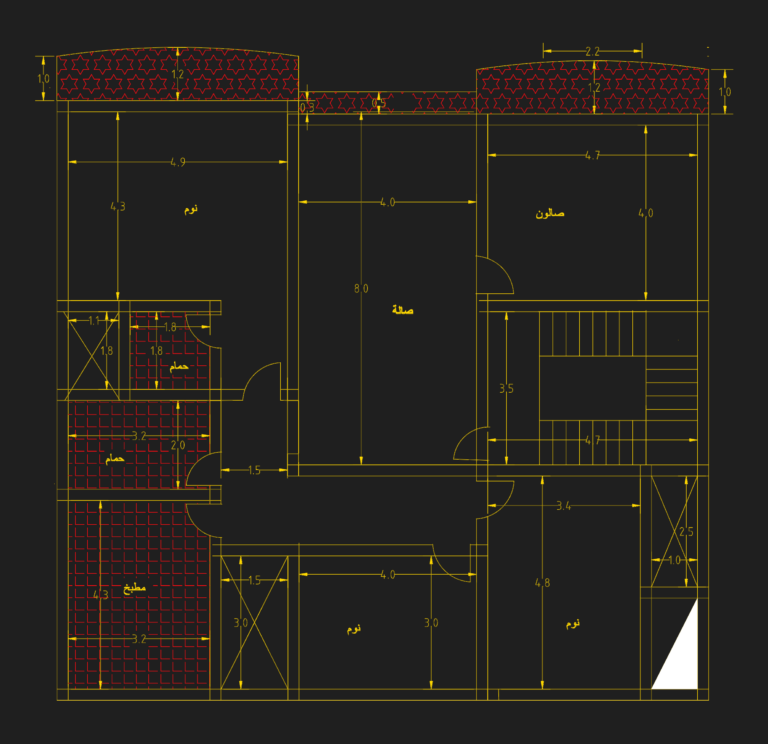 2D CAD floor plan for a multi-story residence including bedrooms, salon, kitchen, and bathrooms with dimensions.