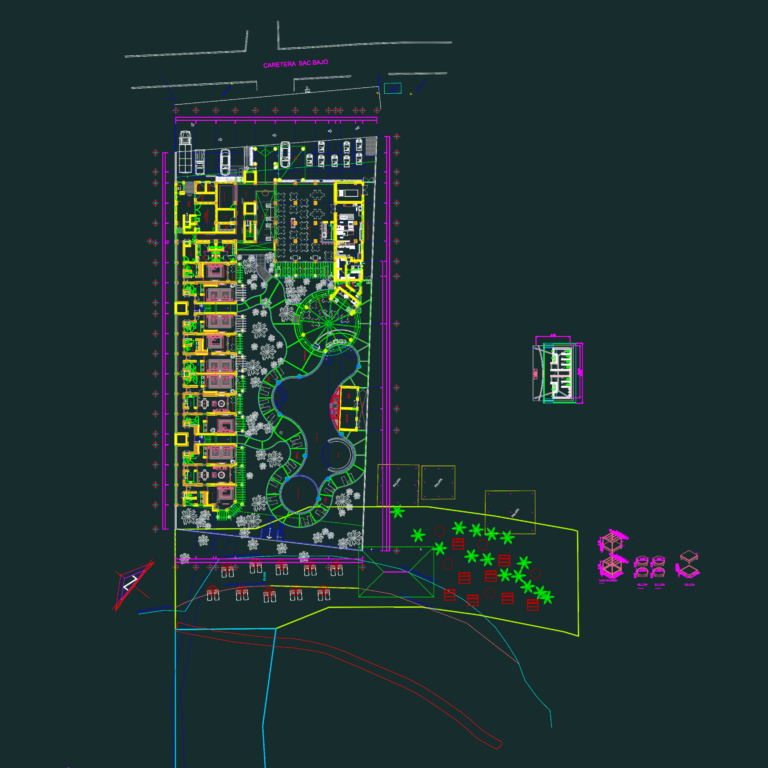 CAD architectural site plan of a hotel beach resort showing guest rooms, swimming pool, restaurant, parking, and pier.
