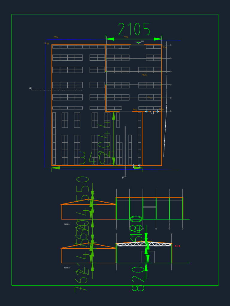 CAD floor plan and structural sections of an industrial steel hall warehouse.