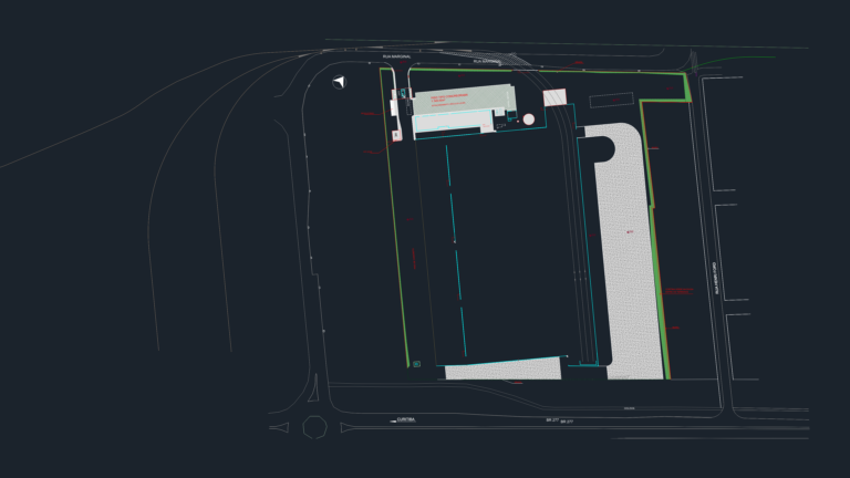 2D CAD site plan of an industrial logistics unit with permeable paving areas, parking layout, and building footprints.