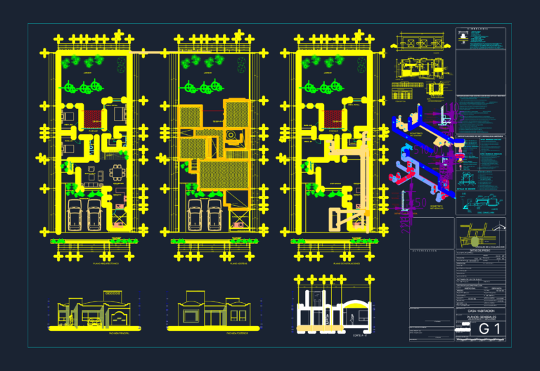 Architectural floor plans, roof plans, plumbing isometrics, elevations, and sections for a single-story residential house.
