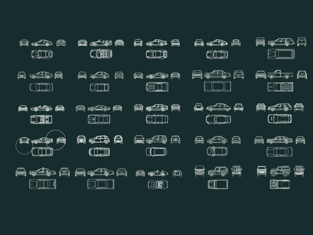 2D CAD blocks of various vehicles with top plan, side elevation, front, and rear views.
