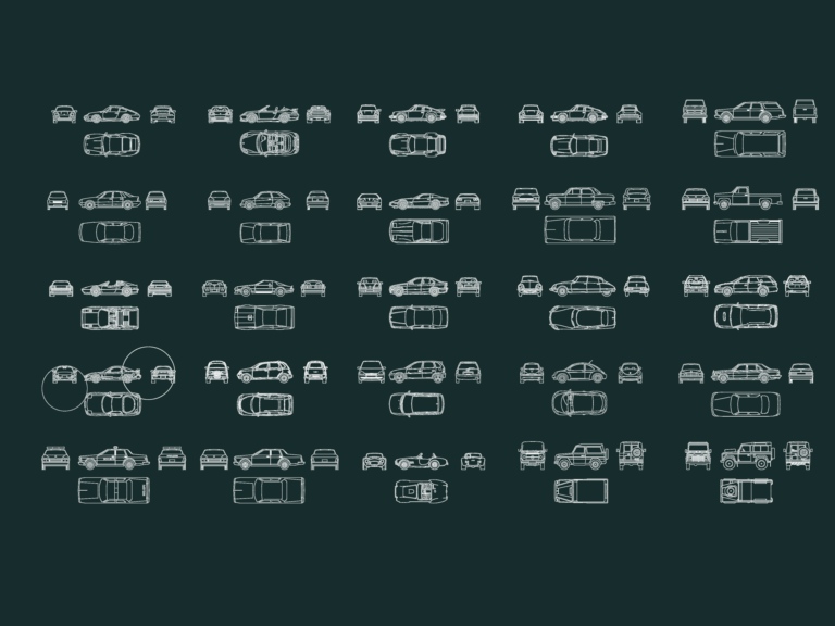 2D CAD blocks of various vehicles with top plan, side elevation, front, and rear views.