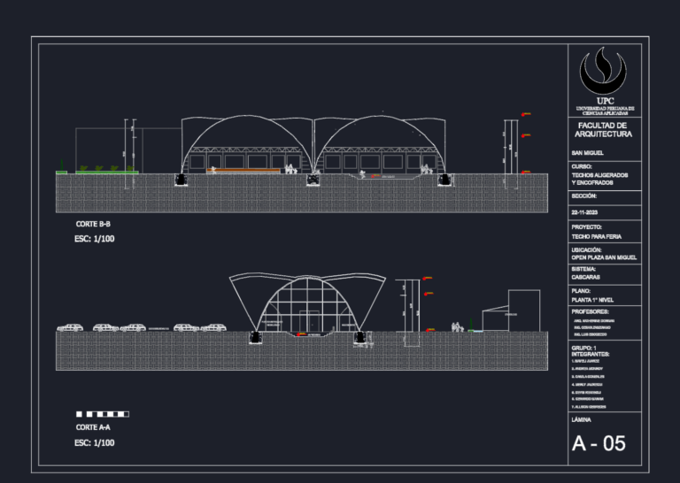 Architectural sections of a reinforced concrete shell pavilion showing interior stall layouts and structural foundations.