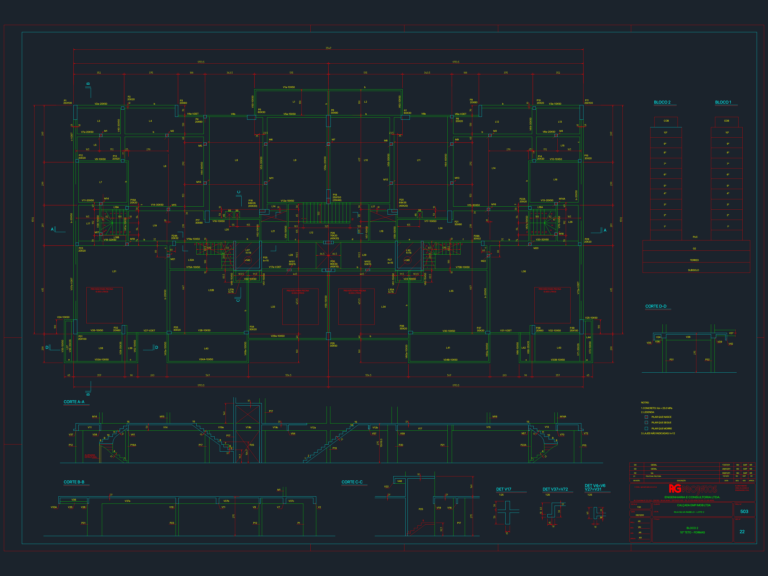Structural formwork plan for a 10th floor showing slabs, beams, columns, and cross-sections A-A through D-D.