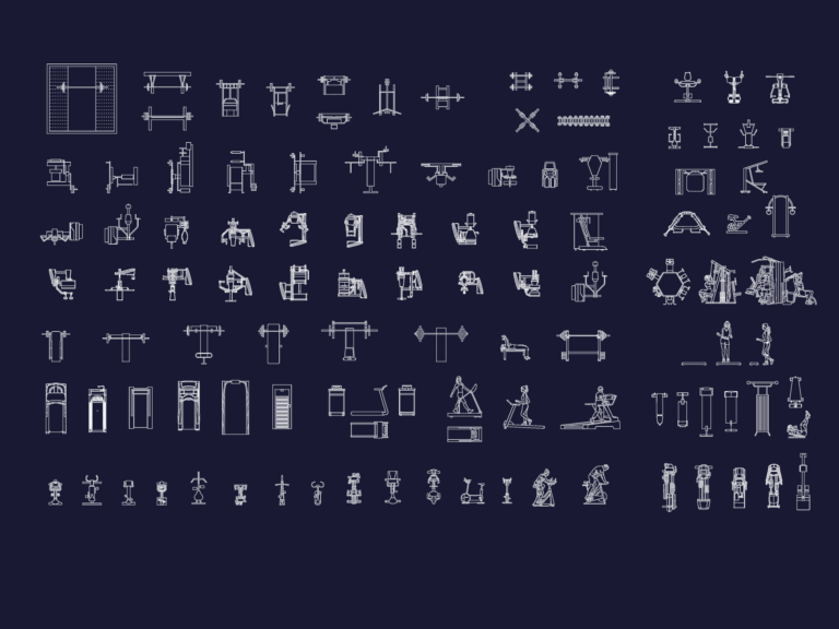 Collection of gym equipment CAD blocks showing treadmills, weight machines, and stationary bikes in plan and elevation.
