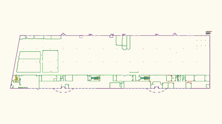 Commercial office building floor plan showing interior partitions, door schedules, and ADA compliant restrooms.