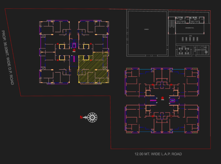 Residential apartment floor plan showing VRV HVAC layout, indoor units, 12HP outdoor unit, and refrigerant piping routes.