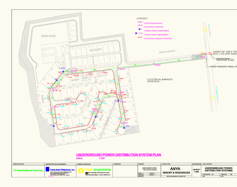 As-built CAD site plan for a 13.2kV underground power distribution system with electrical manholes and transformers.