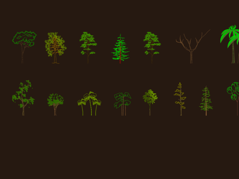 15 colored tree elevation CAD blocks including palm, pine, and broadleaf vegetation for site sections.