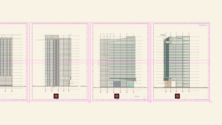 Architectural elevation drawings of a 16-floor modern office building with glass facade and structural grid lines.