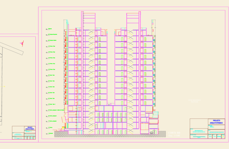 Architectural CAD section of a 16-floor residential building showing basement, garage floors, and duplex levels.