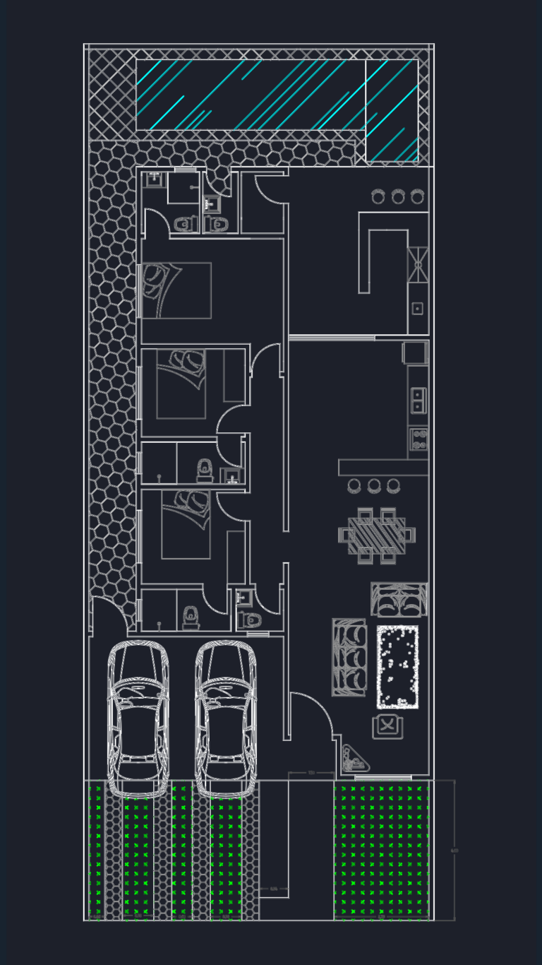 2D architectural floor plan of a 3-suite house featuring a two-car garage, laundry, and backyard pool with BBQ area.