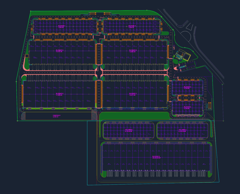 CAD drawing of an industrial park masterplan showing warehouse blocks A through K with internal roads and parking layouts.