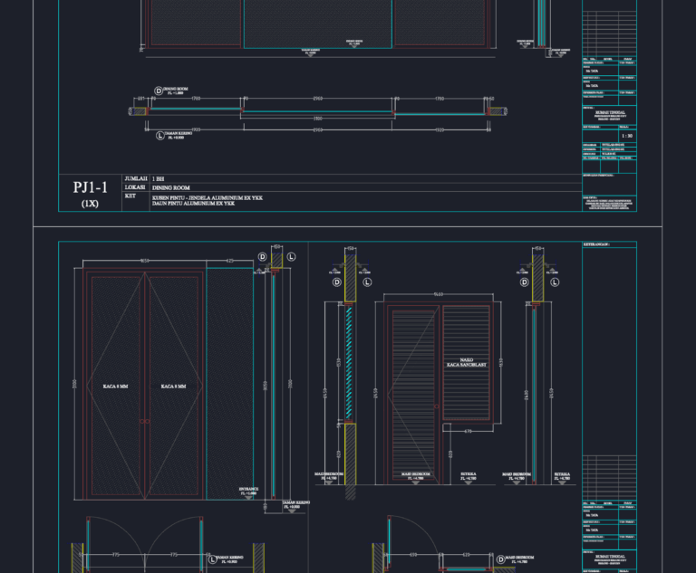 Architectural CAD drawing of residential aluminum door and window schedules with elevations, sections, and plan views.