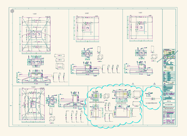 Technical CAD drawings showing foundation pad and column reinforcement plans, cross-sections, and rebar detailing.