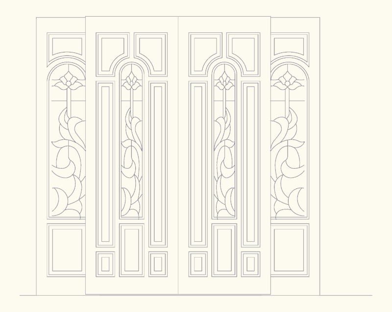 Ornate wooden entrance door with floral glass details