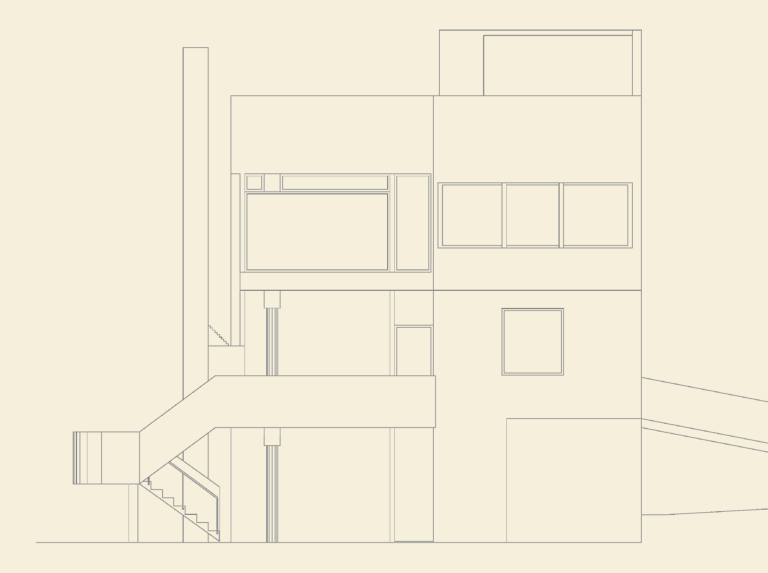 2D CAD line drawing of the Smith House east elevation showing modernist architectural details and external stairs.