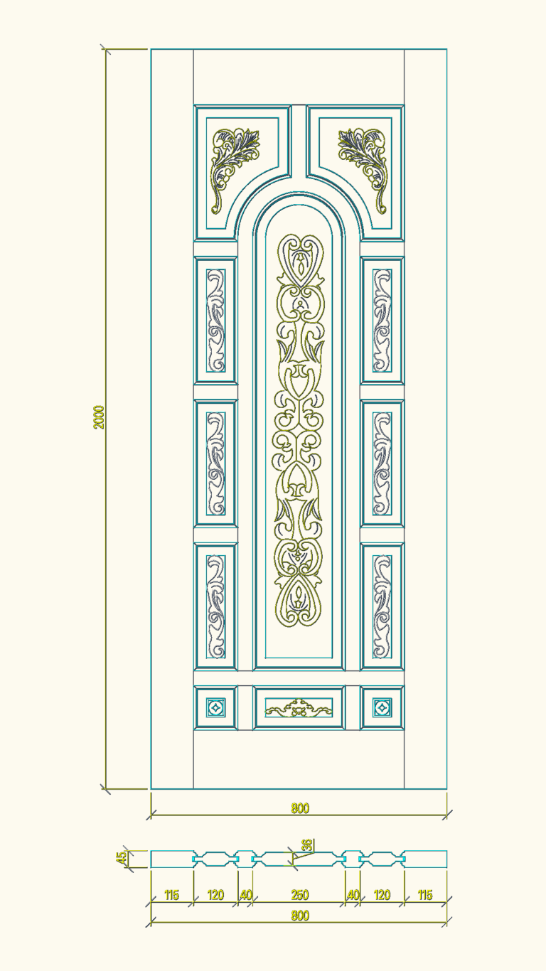 2D CAD elevation and horizontal section of a 2310G carved wooden door with floral patterns and 2000x800mm dimensions.