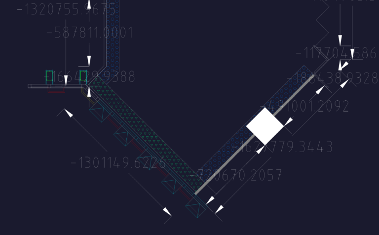 CAD plan detail of a retail glass wall facade showing mullion profiles, stone wall junction, and dimensions.