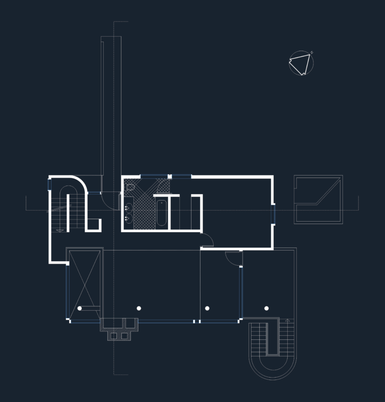Architectural floor plan of the Smith House middle level with master bedroom, bathroom fixtures, and terrace layout.