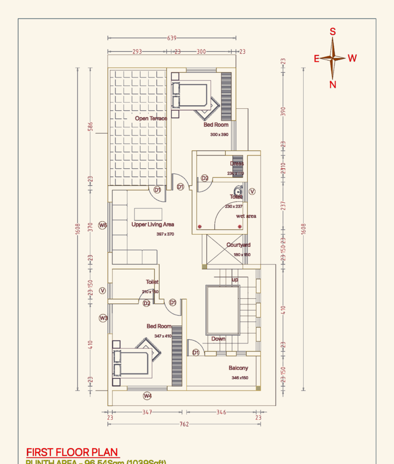 First floor plan of a residential house showing bedrooms, upper living area, courtyard, balcony, and open terrace.