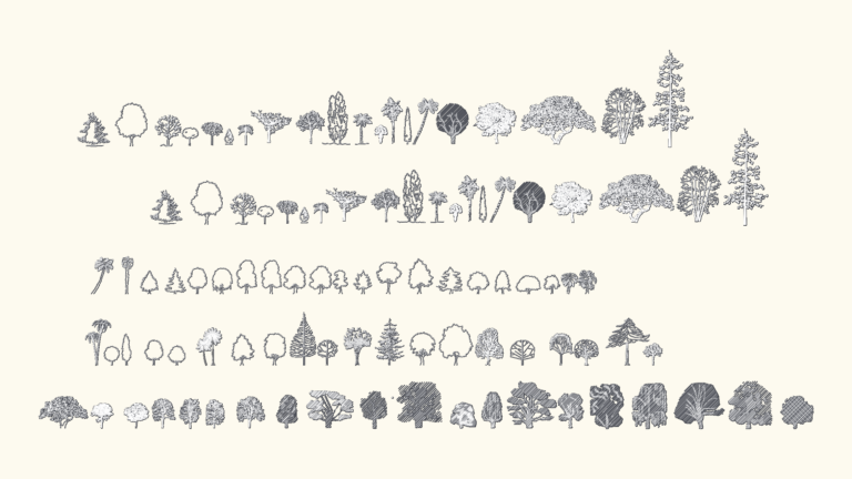 Collection of tree elevation CAD blocks including palms, pines, and deciduous trees with hatched line work.