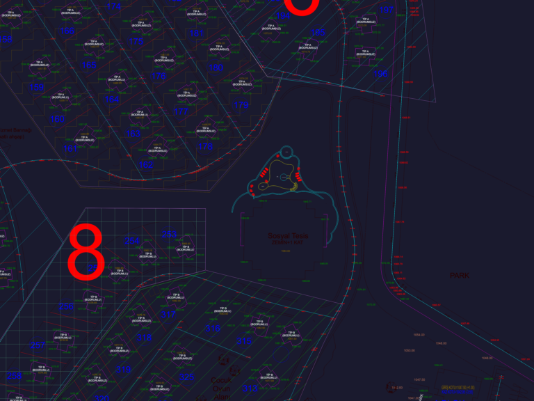 CAD site plan drawing of villa development plots, topography contours, social facility, and public park area.