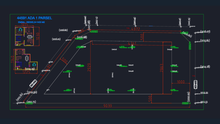 CAD site plan showing residential plot dimensions, topographical elevation levels, and two-story villa floor plans.