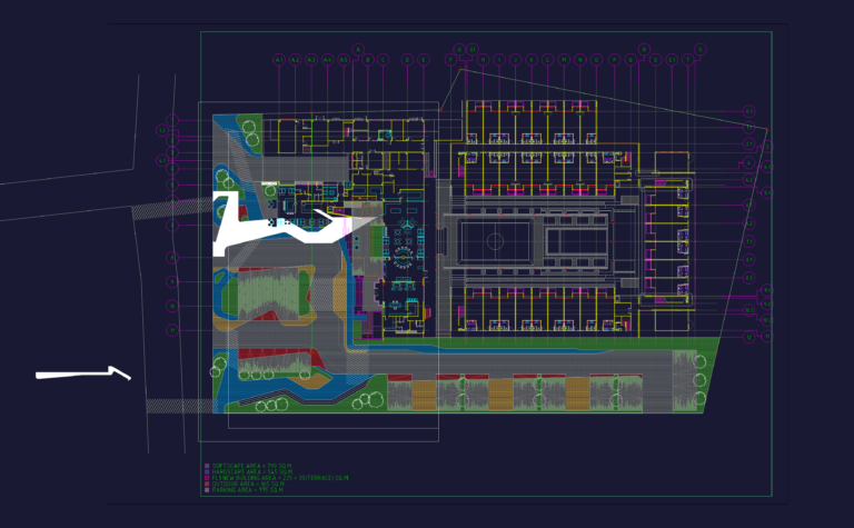 2D CAD site plan of a 225 sqm recreation building with gym layout, parking lot, and landscape design areas.