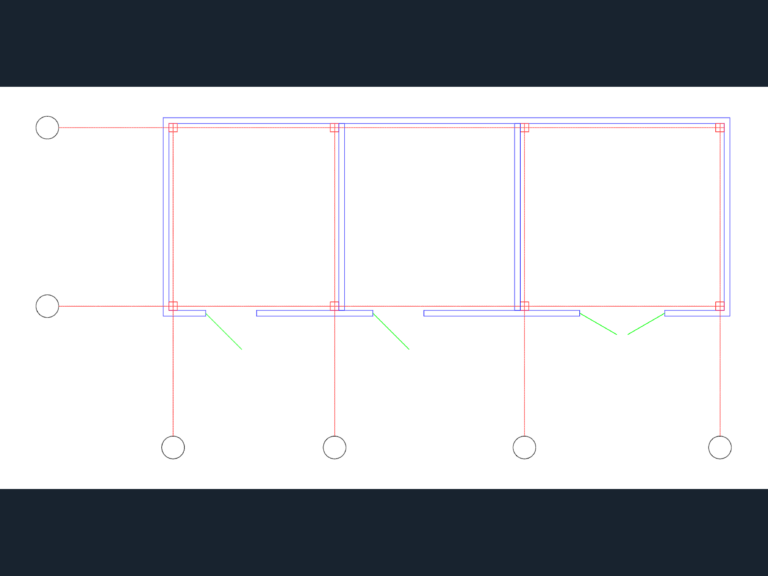 CAD floor plan of a 4-bay masonry roadside pavilion with architectural grid lines and column points.