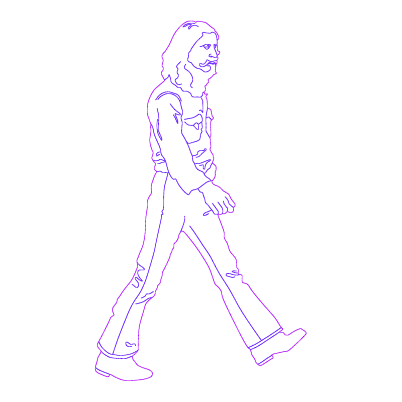 2D block of a stern man with mustache walking