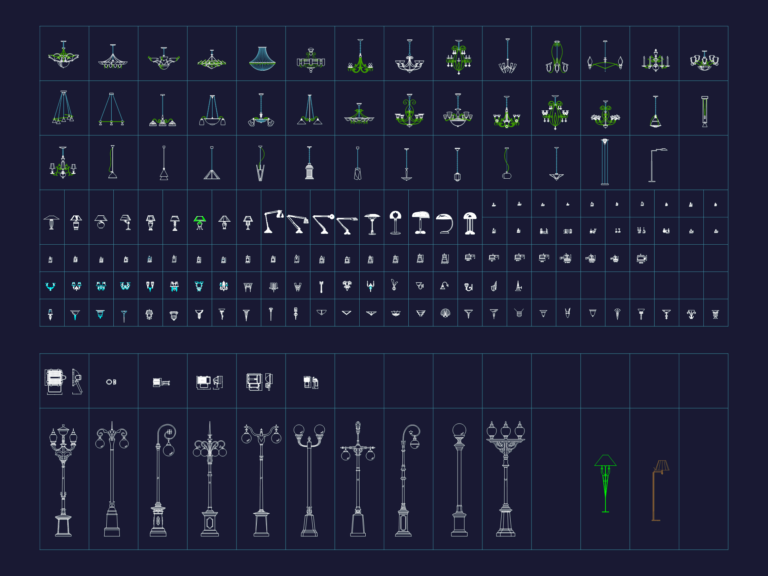 CAD elevation drawings of various chandeliers, pendant lights, wall sconces, task lamps, and ornate street lamp posts.