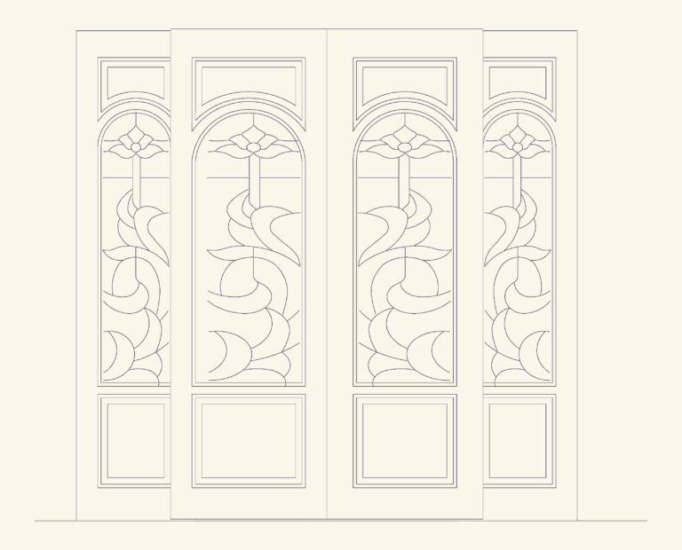 2D CAD elevation of a four-panel wooden entrance door with arched floral glass patterns and Art Nouveau motifs.