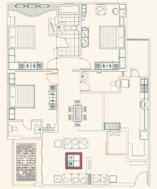 3 Bedroom Apartment CAD Plan and Interior Wall Elevations