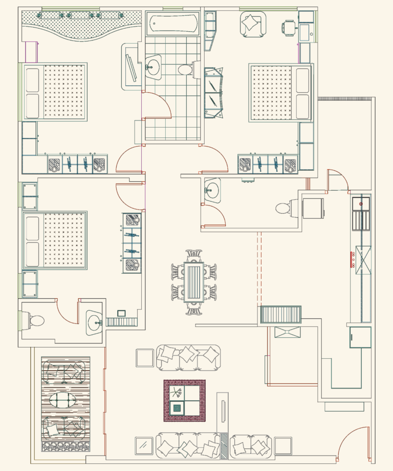 2D floor plan for a 3-bedroom apartment showing furniture layout, kitchen, dining area, and balcony.
