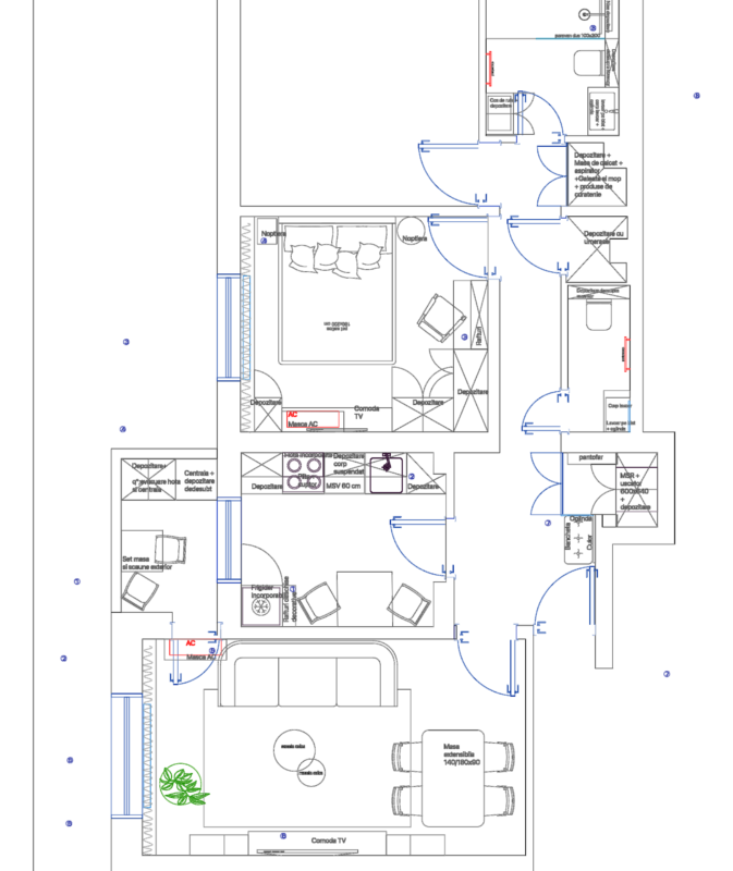 3 Bedroom Apartment Floor Plan with Furniture and Electrical Layout