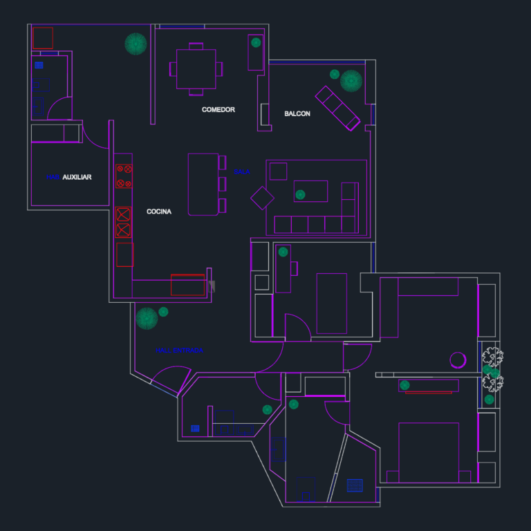2D architectural floor plan of a 3 bedroom apartment layout with kitchen, dining area, living room, and balcony.