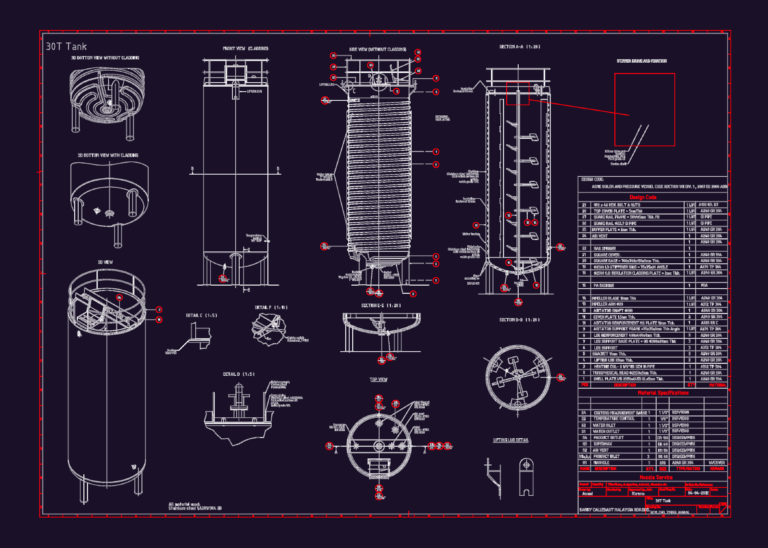 Industrial 30T stainless steel tank CAD drawing showing 3D views, heating coils, agitator sections, and material list.