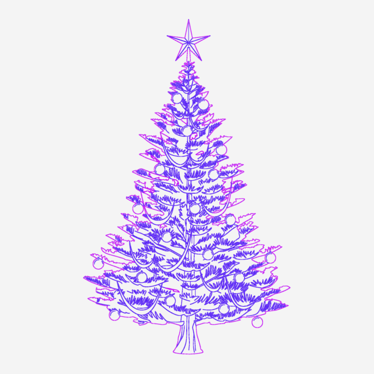 2D CAD drawing of a detailed Christmas tree with ornaments and a star on top.