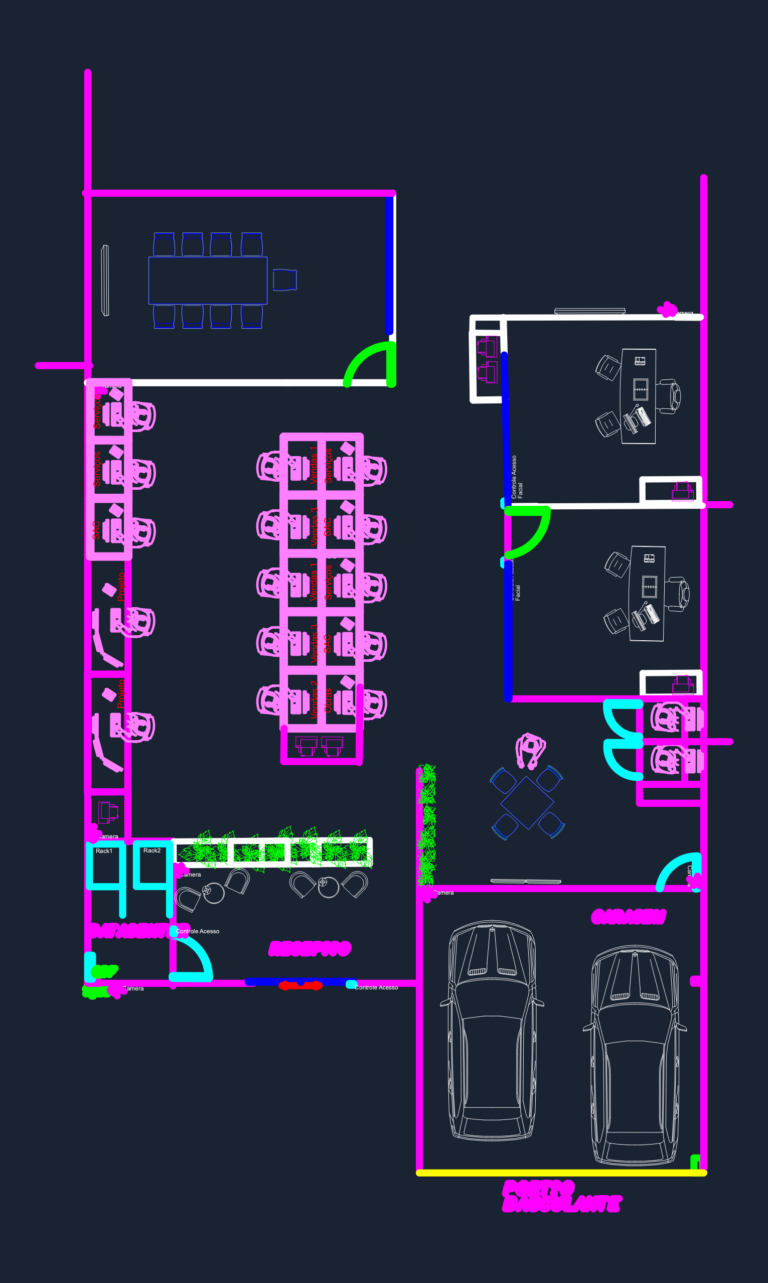 2D CAD floor plan of a 361m² office showing workstations, meeting room, datacenter, and two-car garage.