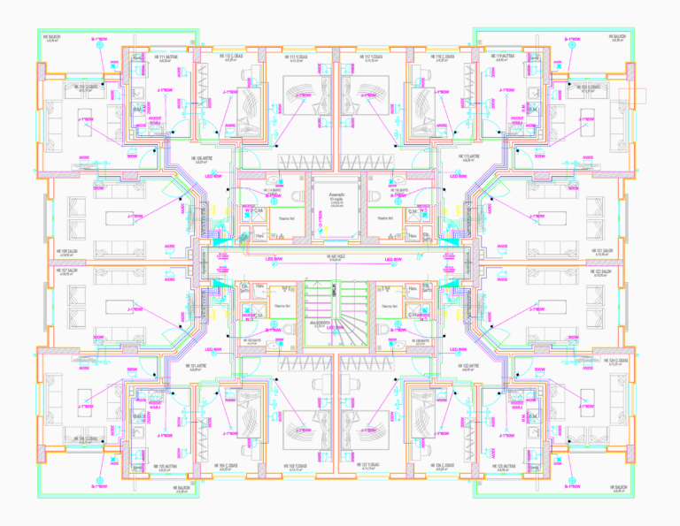 Electrical floor plan for a residential building showing lighting circuits, socket outlets, and furniture layouts.