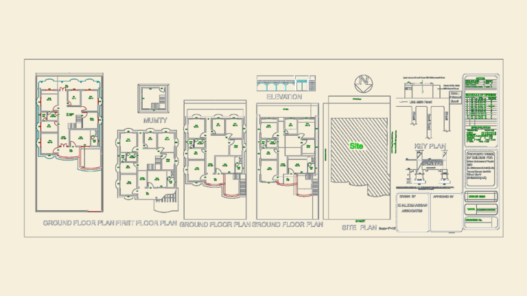 Residential house plan DWG showing ground and first floor plans, site layout, front elevation, and foundation details.